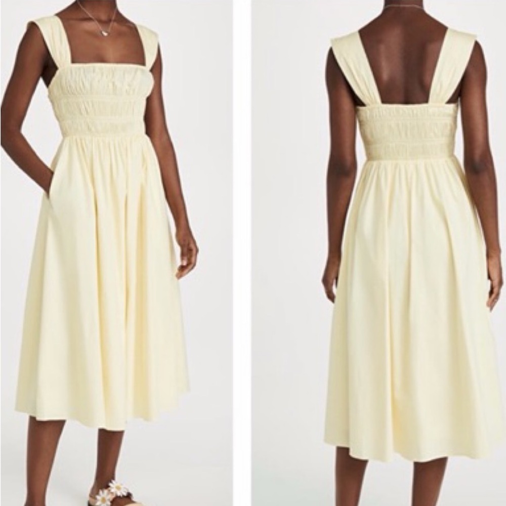STAUD Yellow Smocked Pleated Sundress